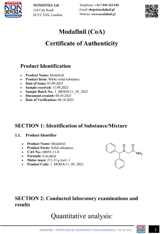 Modafinil - Certificate of Authenticity (CoA)